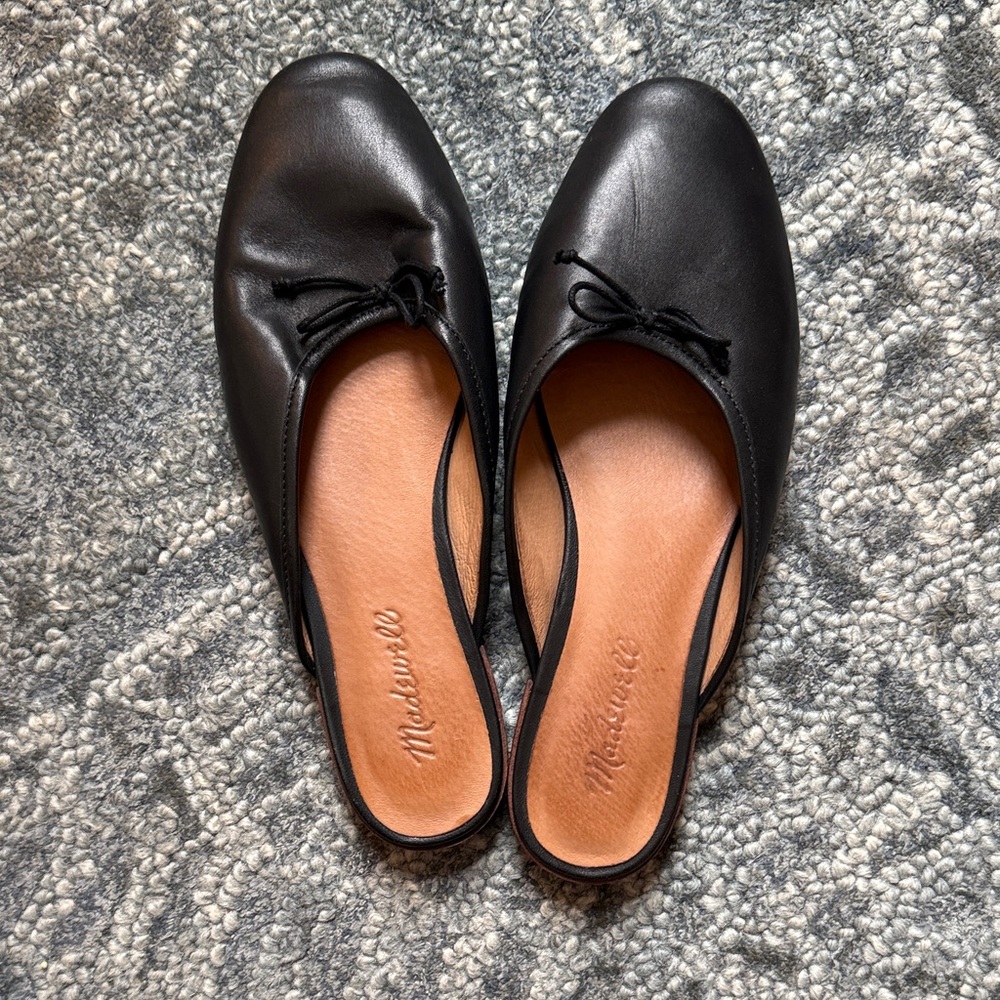 Pretty Madewell Black Leather Ballet Slides Mules with Bow Detail size 7